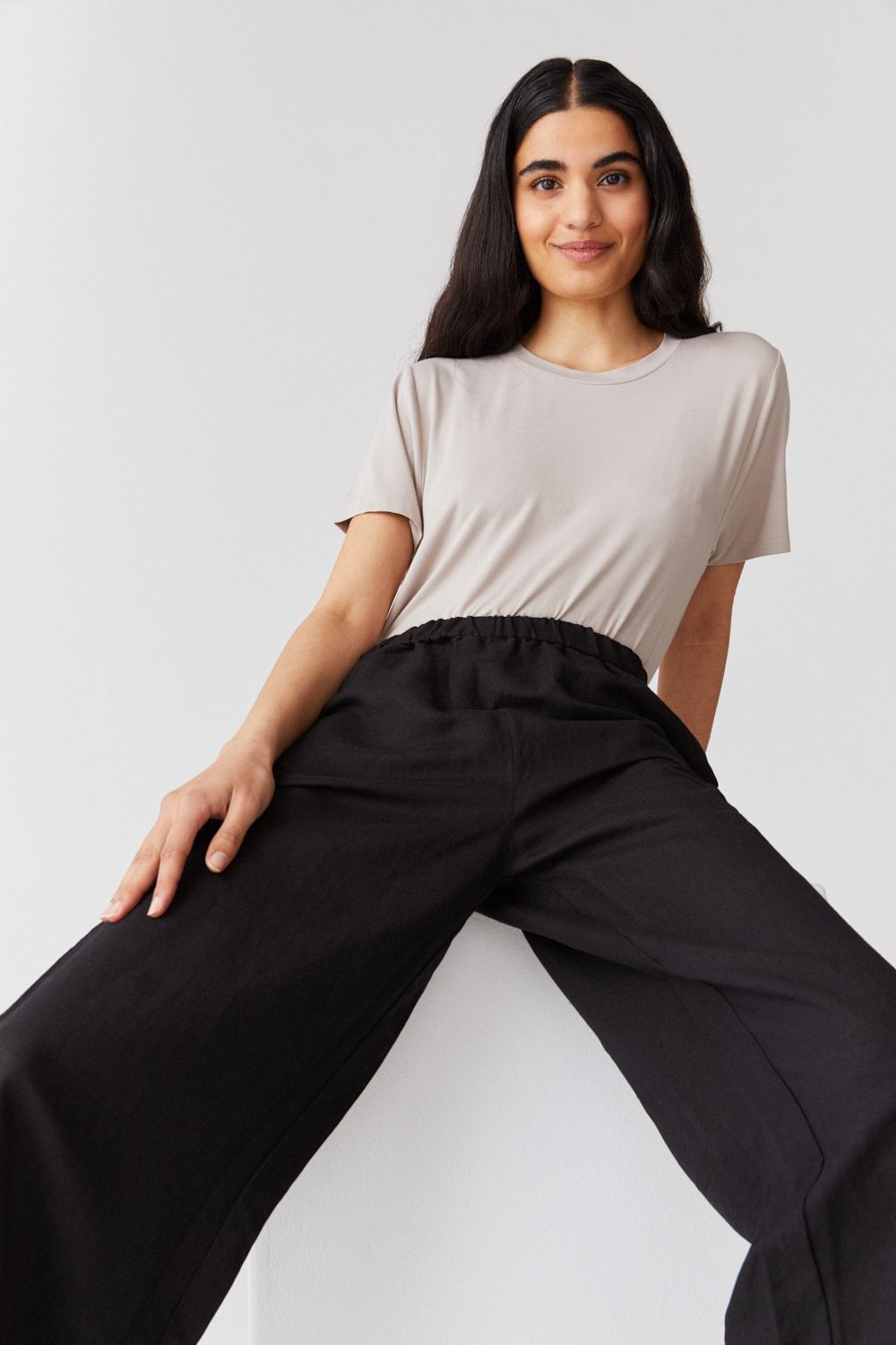 Women's Black Pants High Rise Wide Leg Linen Blend | Ally Fashion