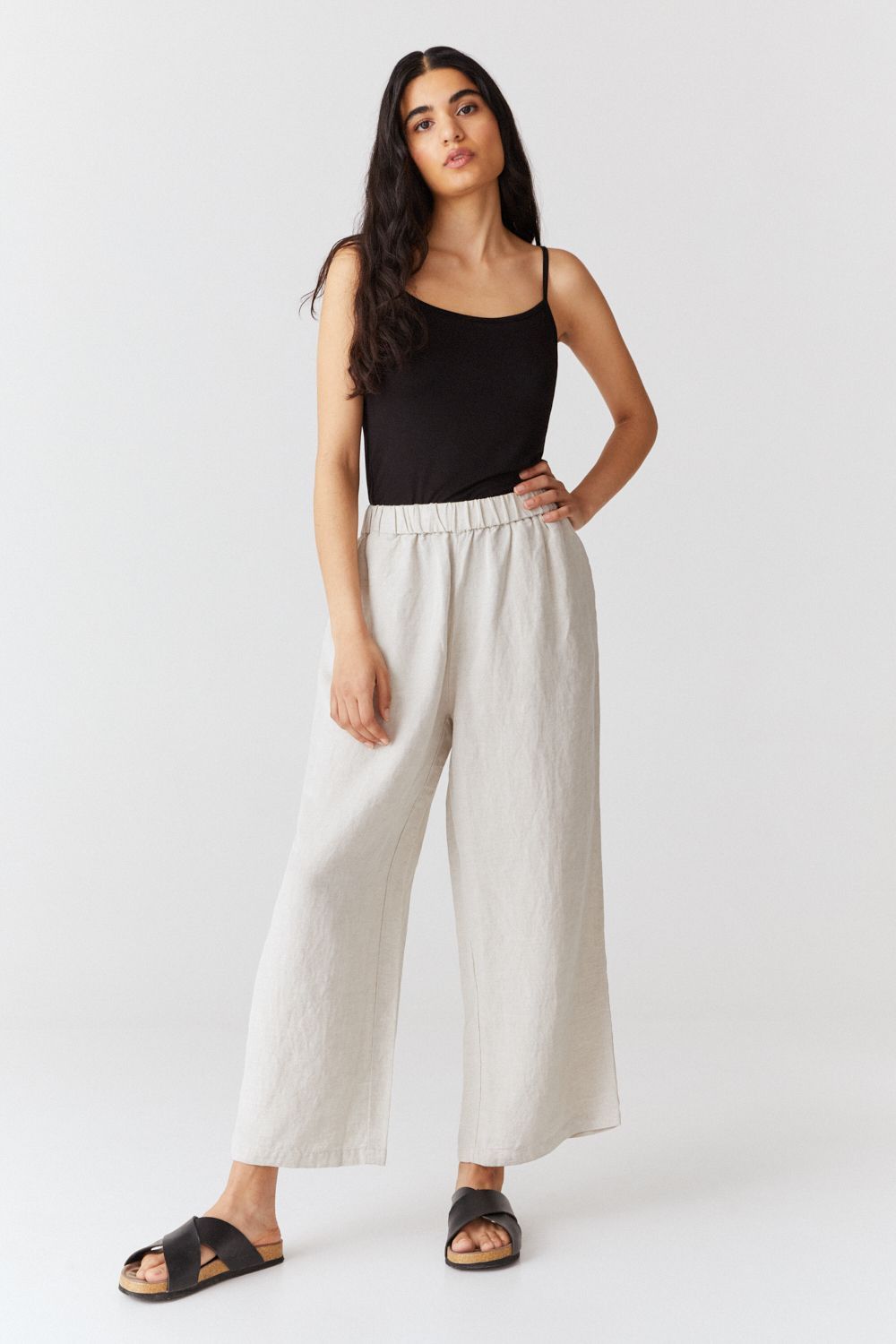 Womens solid linen straight leg pants with pockets in a relaxed fit